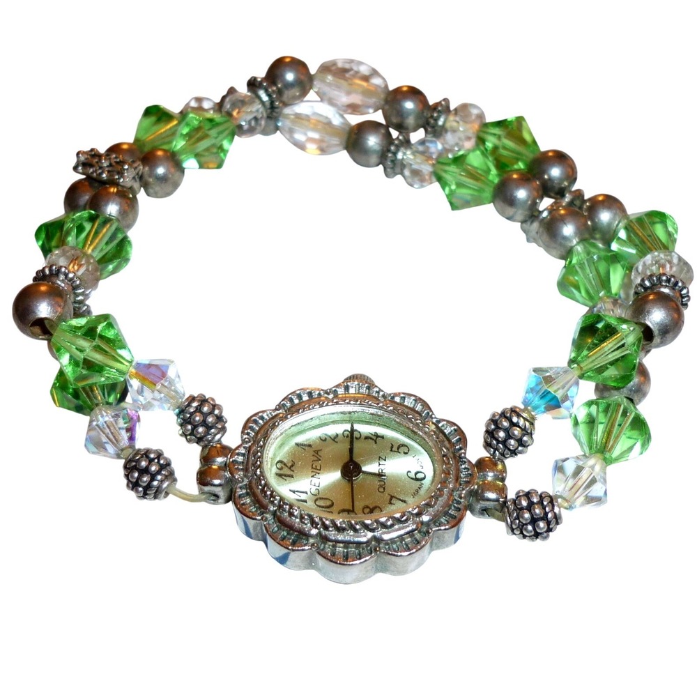 Geneva Quartz Watch Beaded Stretch Bracelet Green Crystal Silver Tone Scalloped